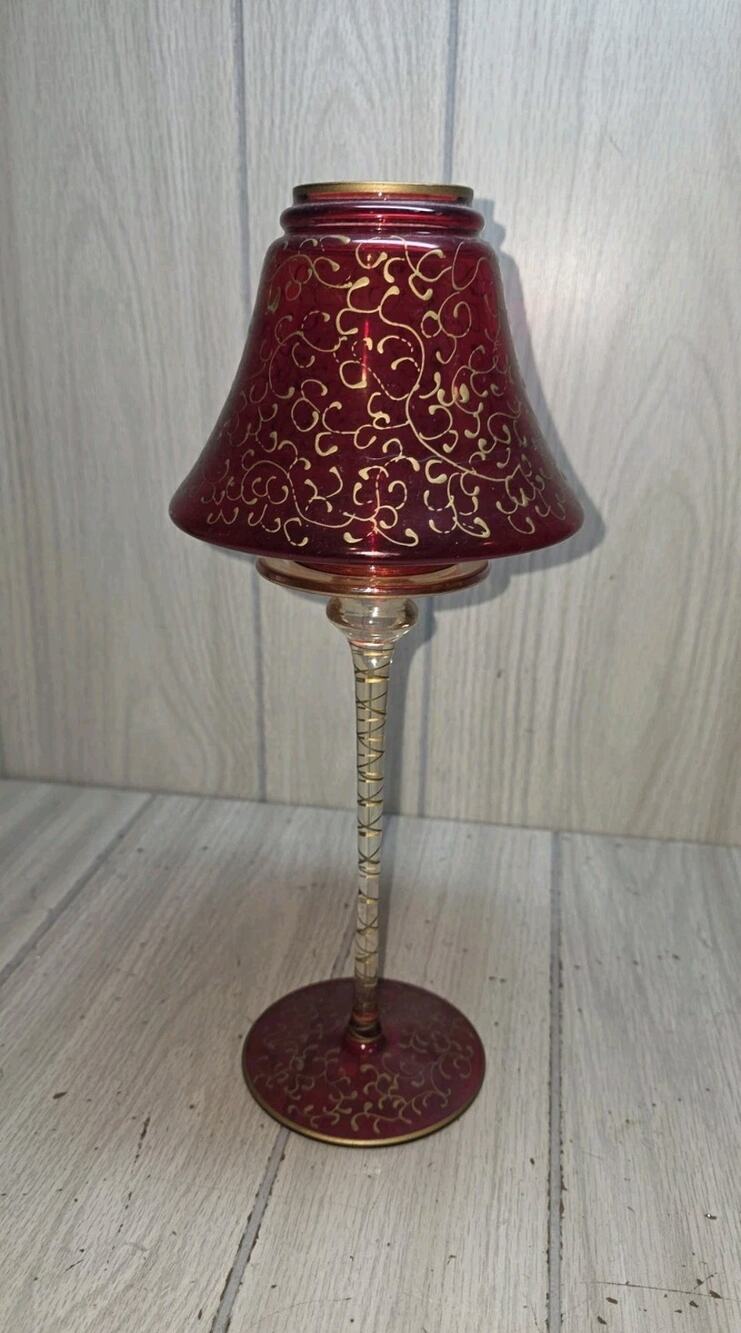 Vtg Ruby Red Gold Romanian Tall Tea Light Mouth Blown Hand Decorated Victorian